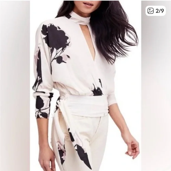Free People Black and White Floral Wrap Blouse - Picture 2 of 9